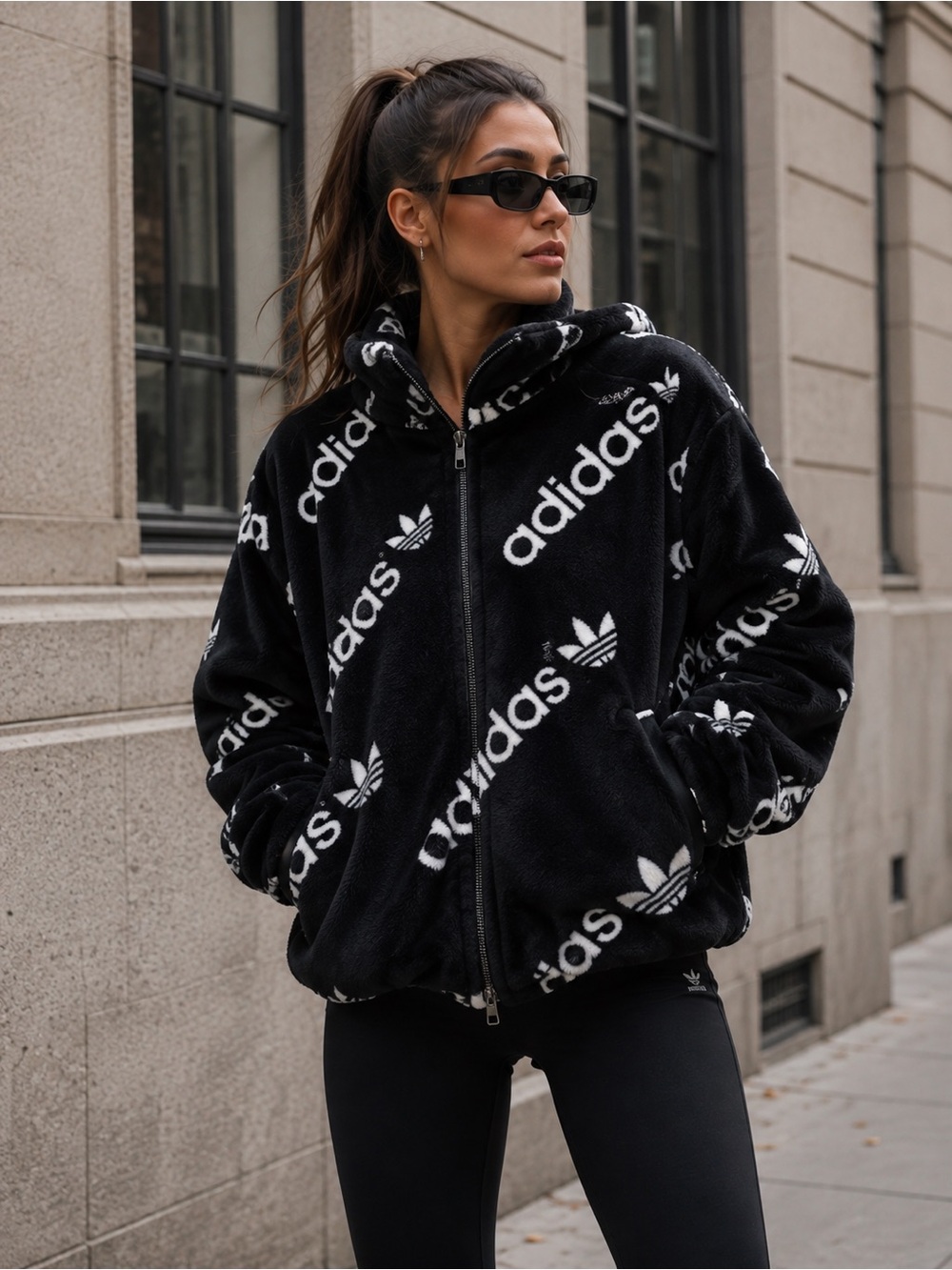 adidas Originals All-Over Trefoil Fleece Jacket — Black & White
